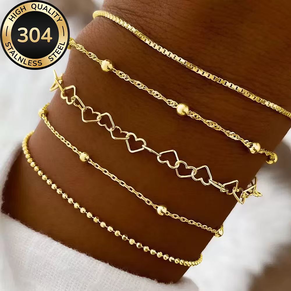 TEMU Ensemble de 5 bracelets de haute qualité en acier inoxydable 304, bracelets dorés hypoallergéniques, , résistants à la décoloration, faciles et