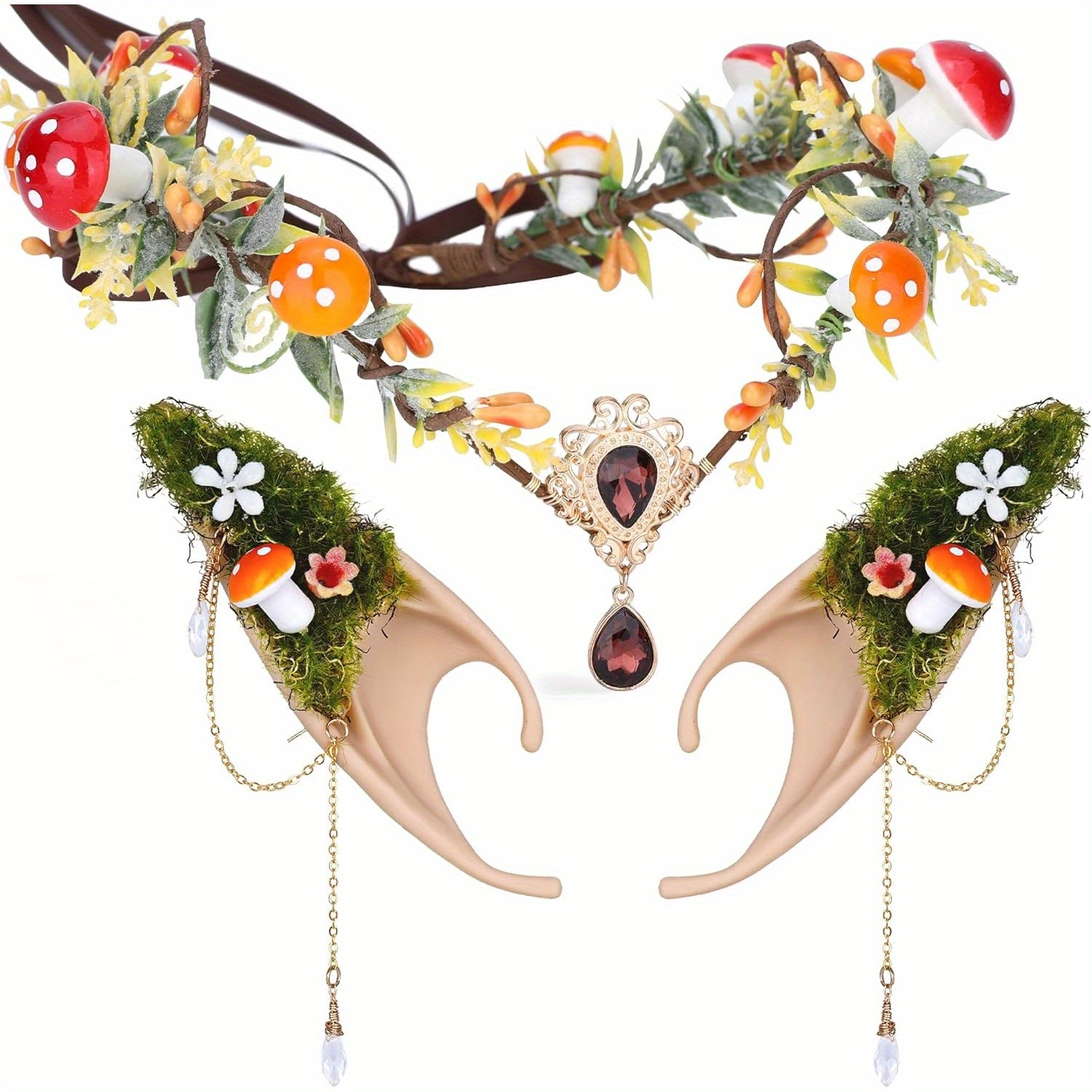 TEMU Mostory Renaissance Mushroom Accessory Set - Fairy Mushroom Crown And Forest Elf Ears With Non-pierced Earrings Set For Renaissance Woodland Outfit, Renfaire Accessory Women Cosplay