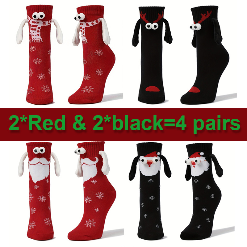 Image of 1/2/4 Pairs Magnetic Christmas Socks, Santa Reindeer Knee-high Socks, Plush Festive Home Decor For Xmas Party, Warm Holiday Stocking Holder Gift Idea
