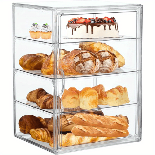4 tier clear acrylic bread box with magnetic door adjustable shelves airtight kitchen countertop storage container reusable case for muffins pastries bread hygienic durable construction space saving design for home commercial kitchens bakery storage pastry container cake display case cake stand corner bread box for kitchen countertop kitchen organizer and storage green bread box for kitchen countertop bread container storage box