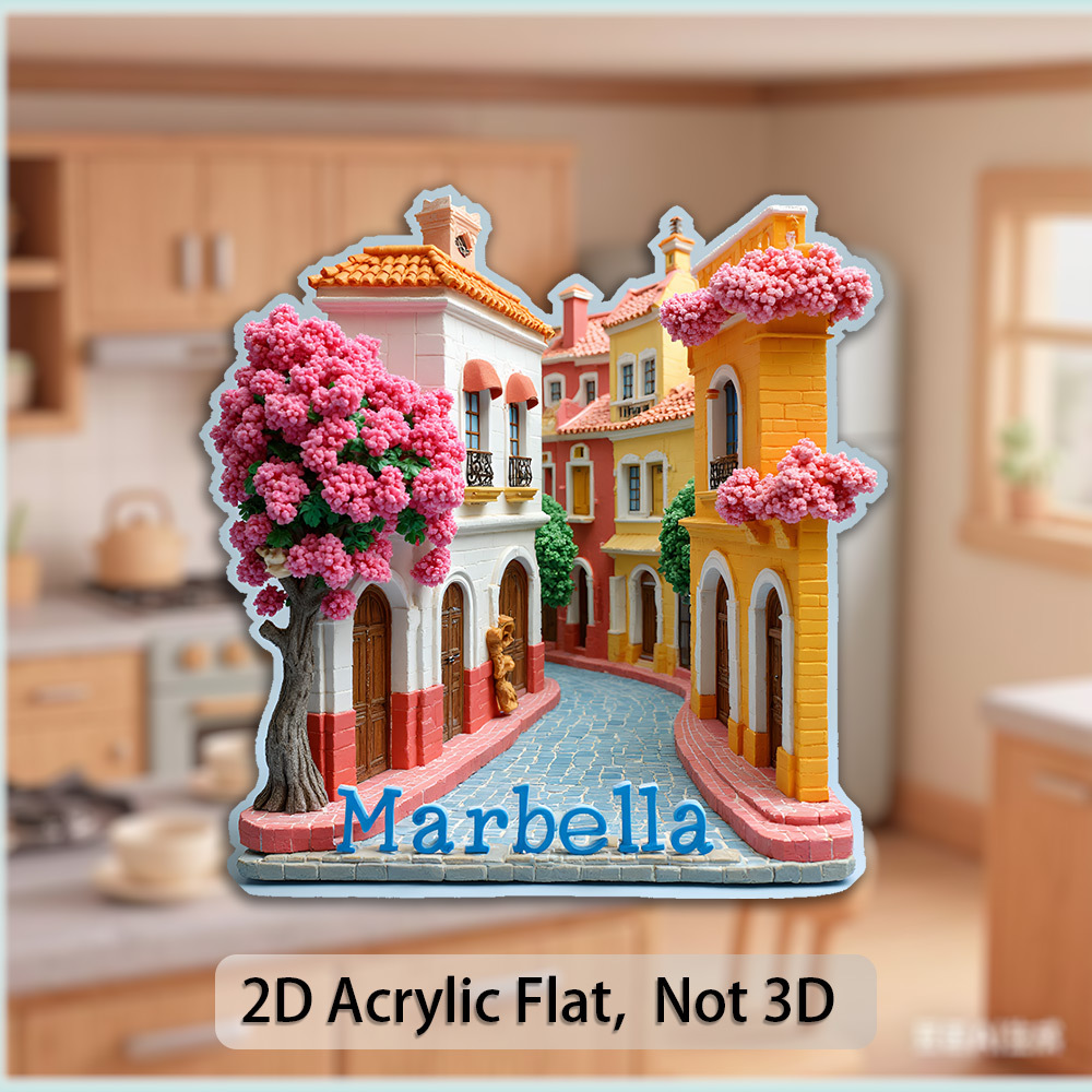 TEMU 2d Flat, Single Piece Acrylic Refrigerator Magnet, Of - Colorful Buildings With Blooming Bougainvillea - Ideal For Travel Enthusiasts, Gifts For