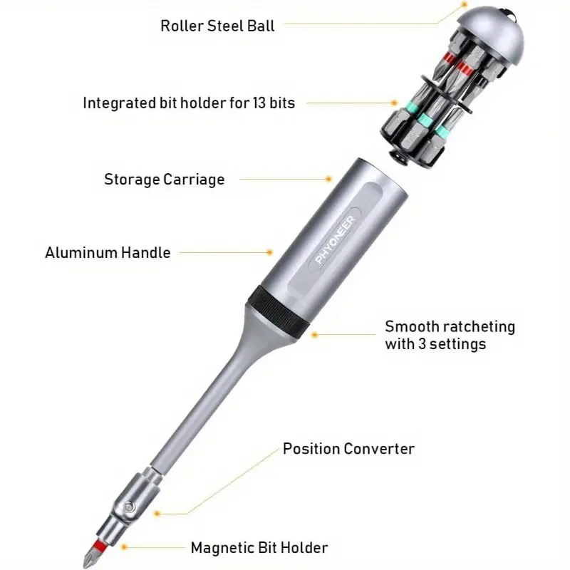 13-in-1 ratcheting screwdriver set with 12 s2 steel driver bits, magnetic storage & converter - heavy-duty aerospace aluminum handle, ratcheting mechanism for smooth torque transfer - cordless operation, ergonomic grip for household & automotive use - ideal for diy, professional tool kit (no power required), ph22 bits, wood cabinets repairs, precision screwdriver set, tool set, screw driver set Product details 1