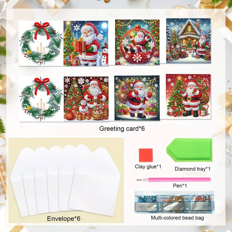 TEMU Cadeau - Ensemble de 6 Cartes de Noël Peintures Diamant Fait Main - Père Noël et de Neige, Incluant des d'Art Diamant Ronds et de Spéciales, 6
