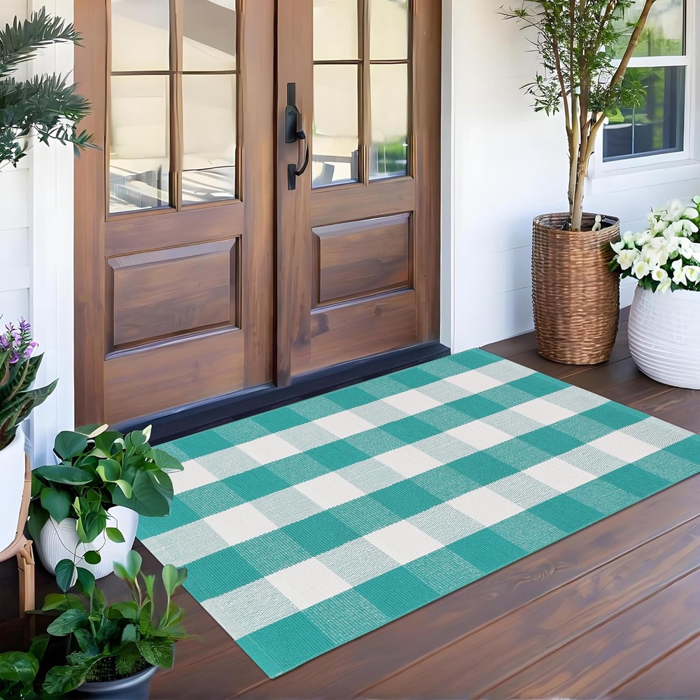 TEMU Outdoor Rugs Green And White Checkered Indoor Outdoor Area Rug Layering Rug For Welcome Door Mat Washable Woven Farmhouse Mat For Spring Easter Front Porch
