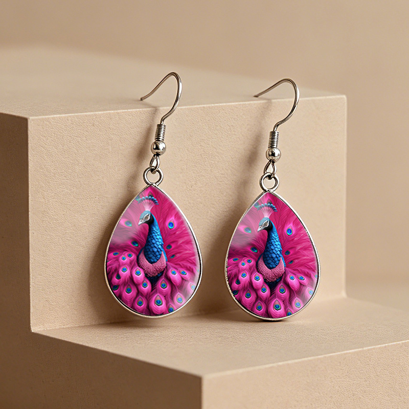 Women's Pink Blue Peacock Teardrop Glass Cabochon Earrings