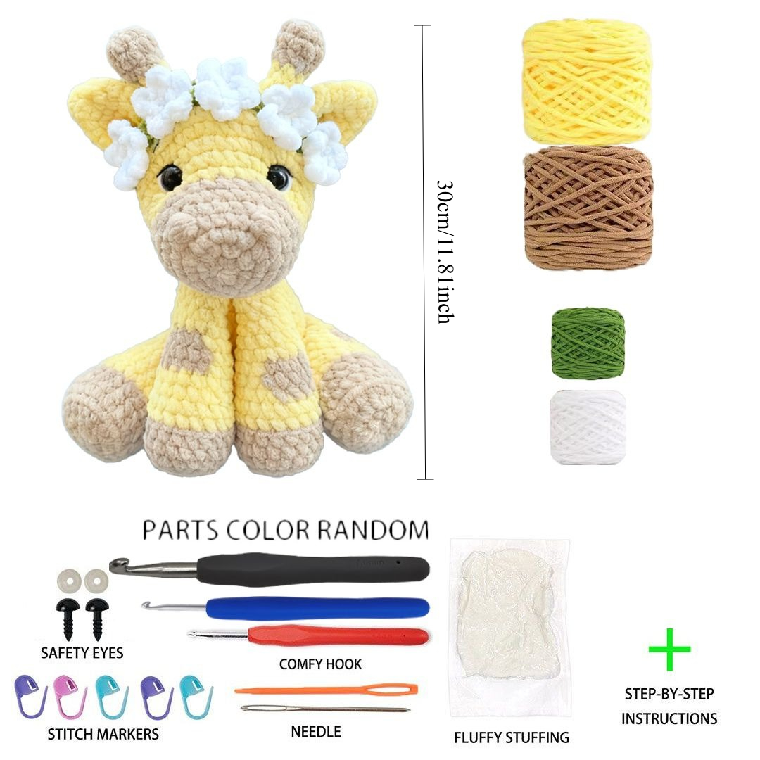 1pc cute flower   giraffe crochet kit for beginners complete diy amigurumi giraffe plush doll craft set with all materials yarn tools tutorial handmade knitted giraffe with floral headband perfect gift for   lovers home decor 2