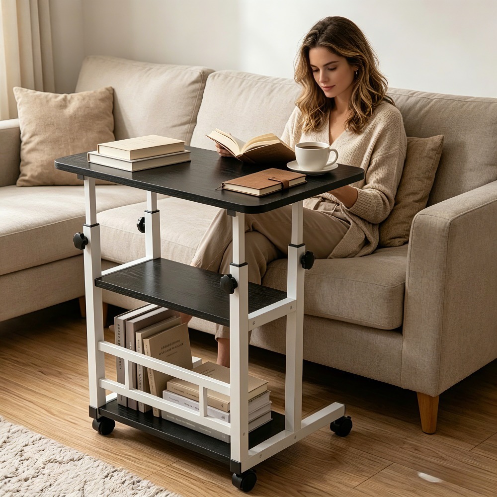 Height Adjustable Computer Desk with Storage Shelf and Wheels, Mobile Rolling Desk for Home Office, Small Space Study Workstation Desk