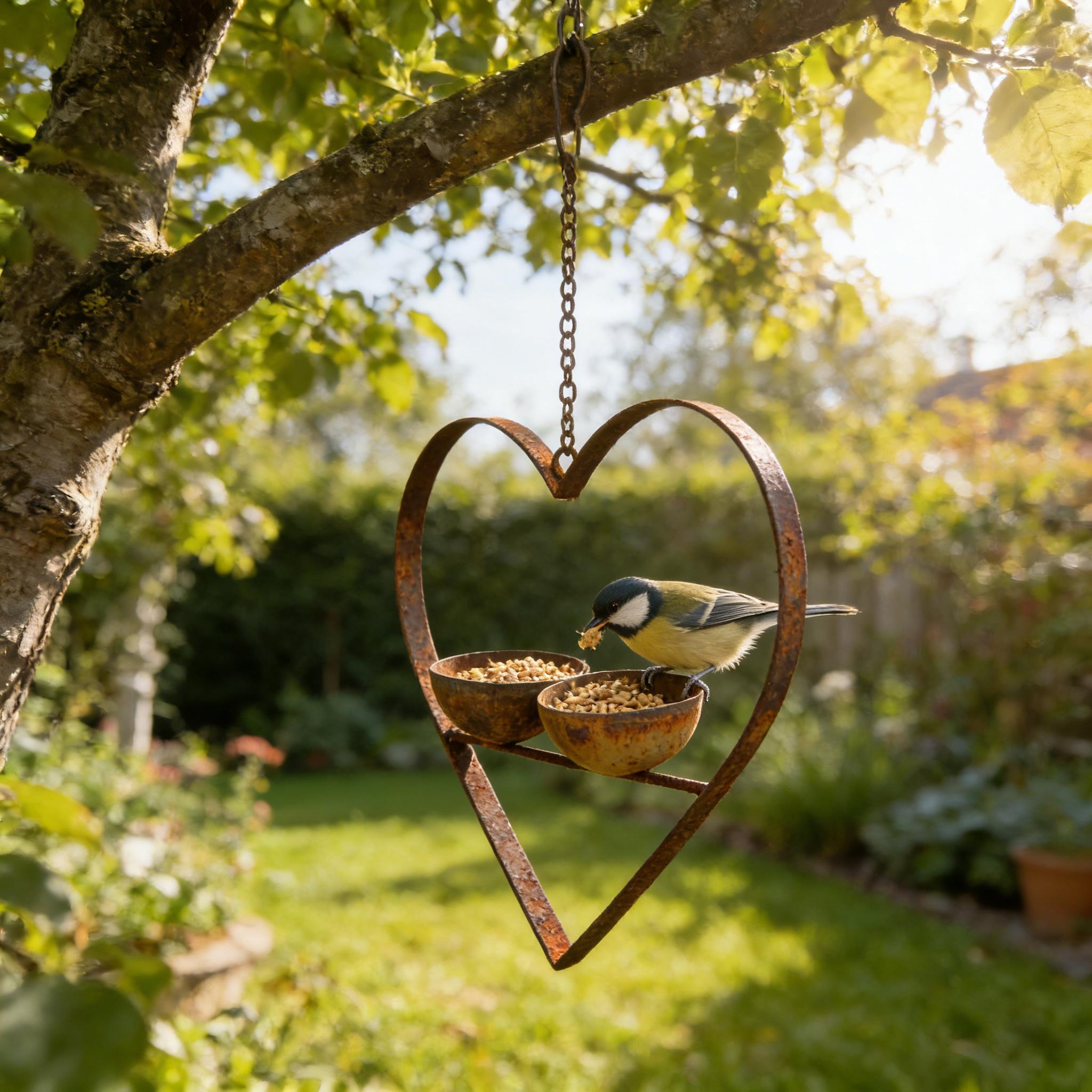 Image of [wild Bird Feeder] Metal Rusty Heart With 2 Water Feeders, Double Bowls, Heart-shaped, Courtyard, Tree, European Courtyard Tree, Retro, Outdoor