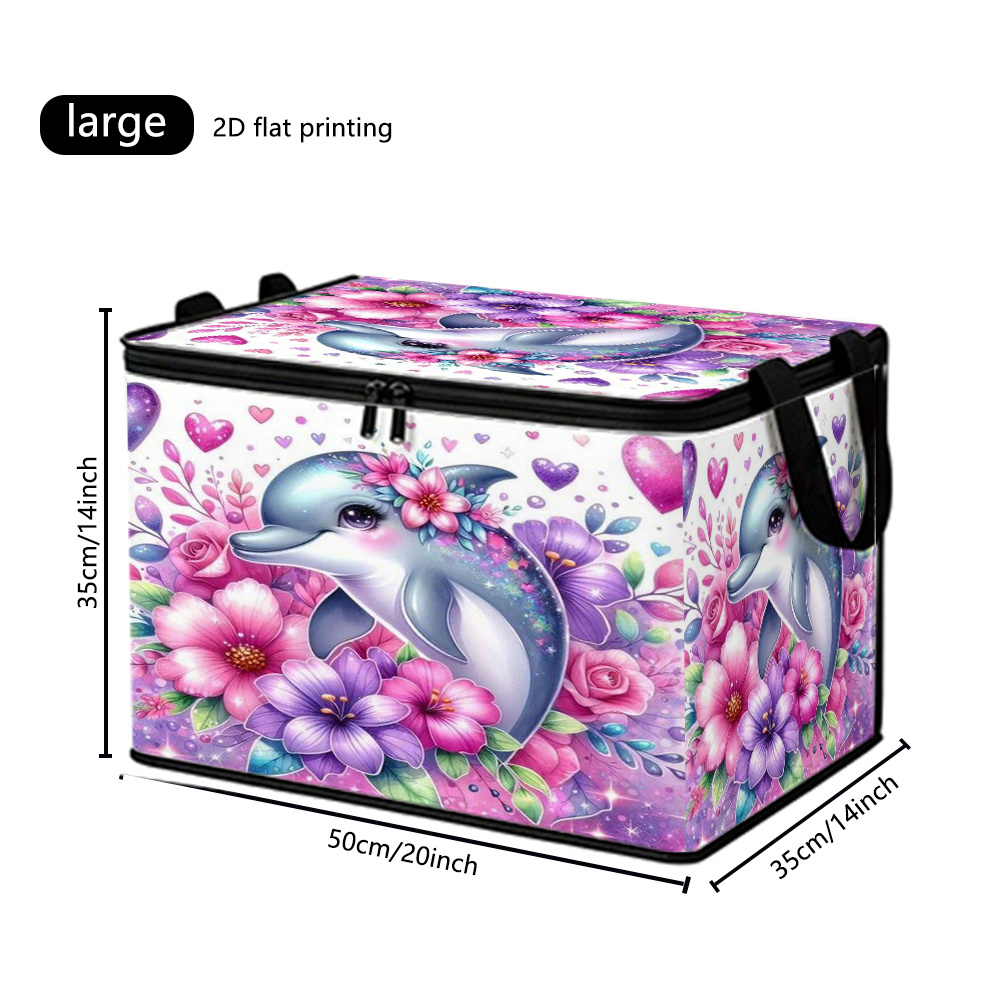 TEMU Dolphin Fabric Storage Box, Floral Heart Cute Dolphin Full 2d Print, Zipper Dustproof With Handle, Large Capacity Foldable, Bedroom Dormitory