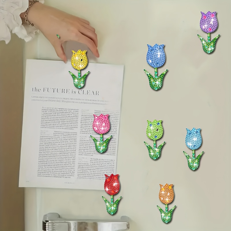 TEMU 8pcs Magnetic Diamond Painting Kit Suitable For Room & Fridge Decor - 2d Magnetic Acrylic Diamonds With Irregular-shaped Tulip, Diy Craft For &,