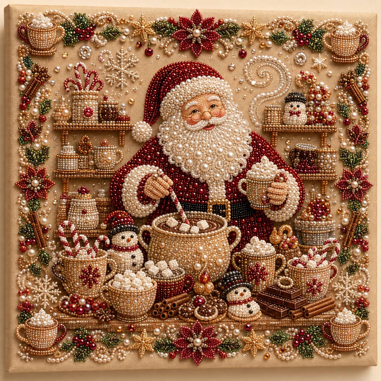 TEMU 1pc Winter Christmas Diy Craft Kit Suitable For Adults & Beginners, Hot Drink Snowman & Candy Scene With Pearl Bead Texture Art, 2d Flat Wall