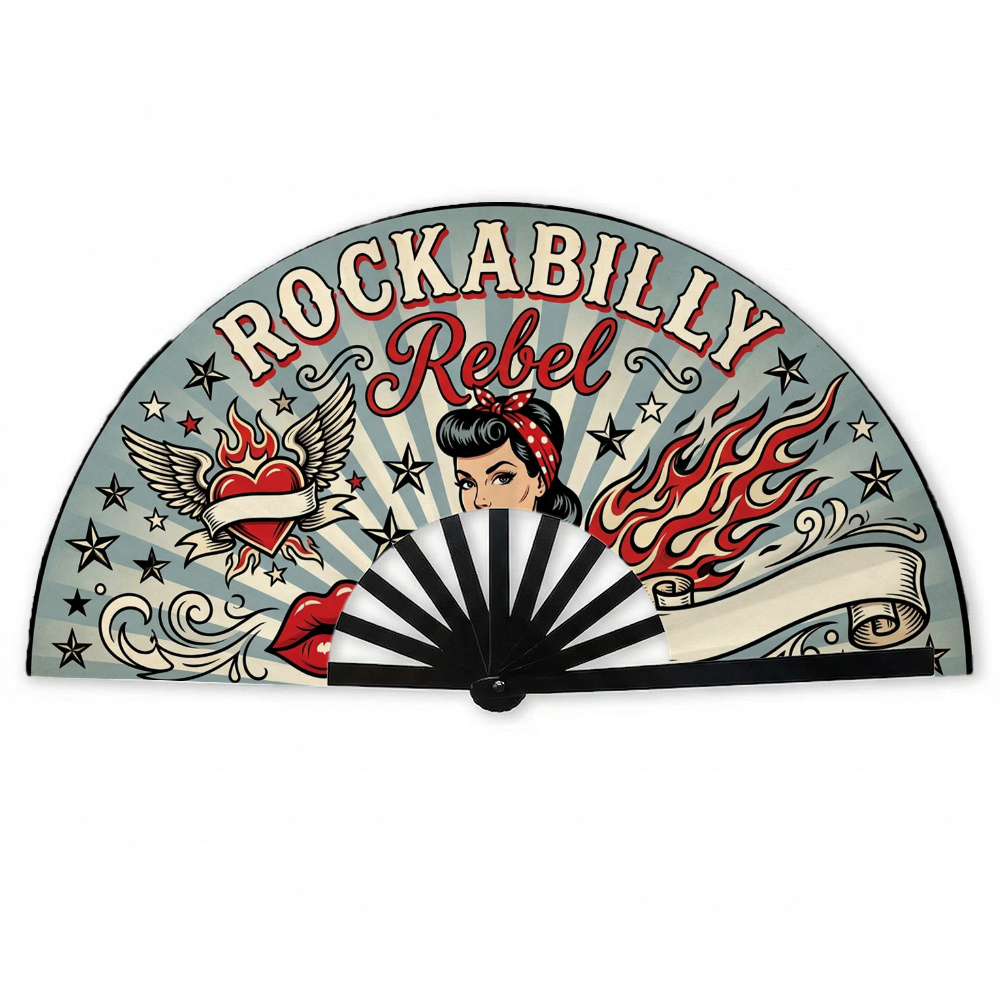TEMU 1pc Retro Rockabilly Handheld Fan & Bird Tattoo - Portable Cooling Fan Suitable For Daily Use, Outdoor, Office - Vintage Female Figure Accessory