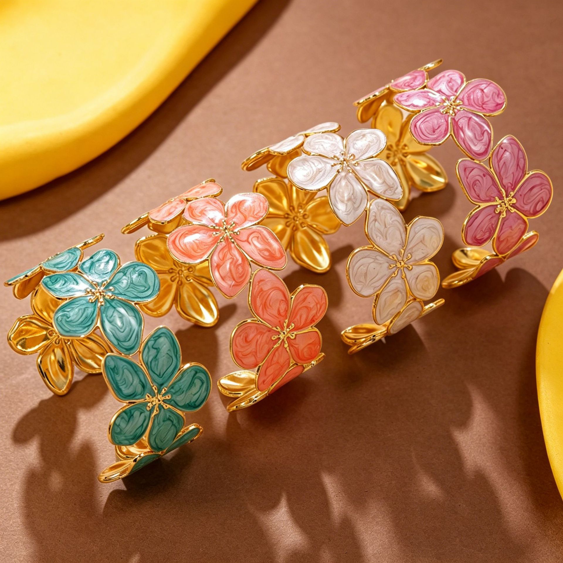 TEMU 4pcs Pulsera de con Flores de Esmalte 3D Multi para Mujer, Color Ajustable, Elegante, Joyería de Declaración para Muñeca, Accesorio de Regalo