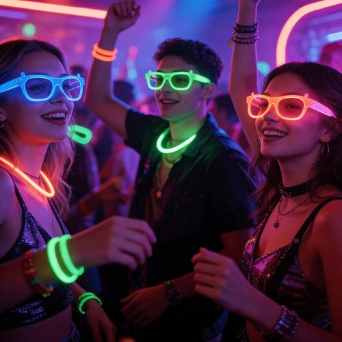 5 pairs of glow in the dark party glasses random colors neon green purple orange yellow red no lenses required lightweight and durable plastic frame suitable for halloween balls birthdays photo booths and costume parties