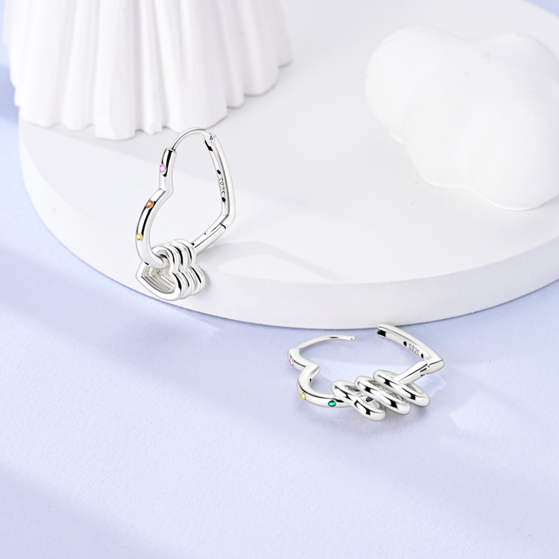 Exquisite 925 Silver Heart Earrings with Multicolor Zirconia