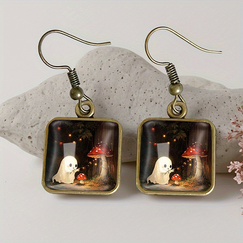 TEMU A Pair Of Cute Mushroom Square Earrings, Vintage Glass Drop Handmade Jewelry Gift, Without Battery