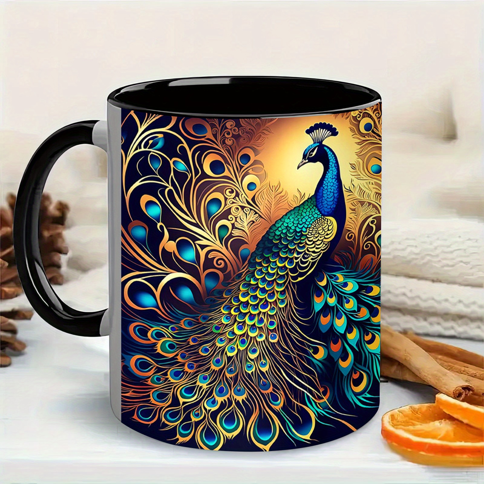 TEMU 1pc Creative Printed Mug, Peacock Print, Featuring , Green And Yellow Feather Patterns, A Birthday And Holiday Gift Mug