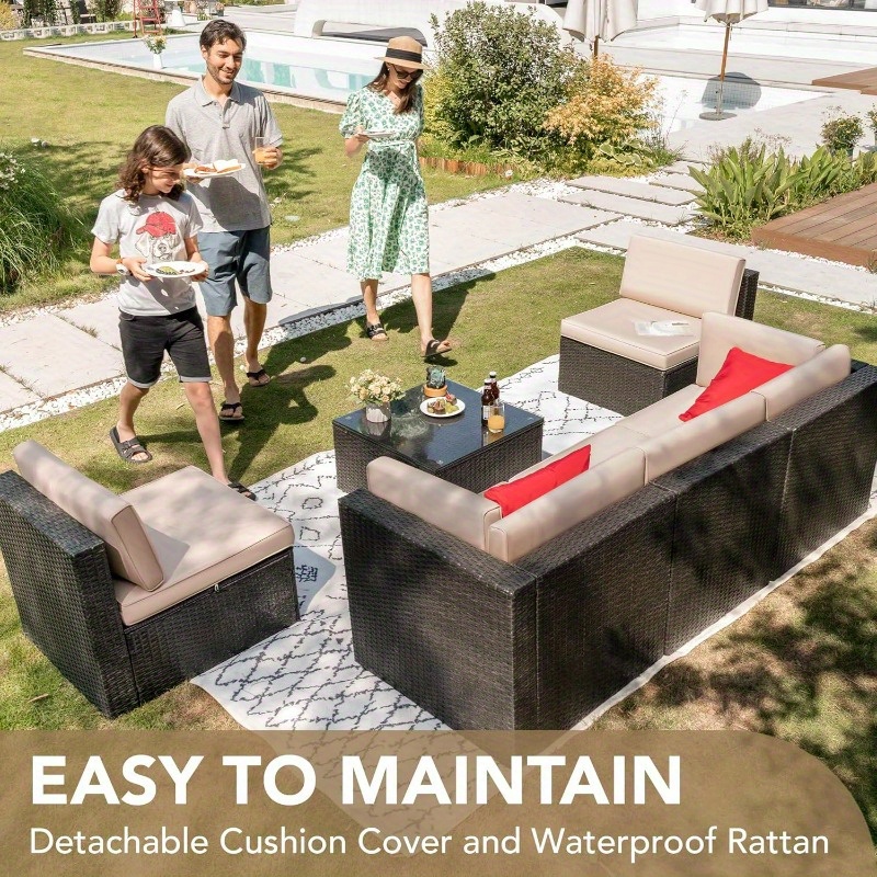 Patio Furniture Sets 6pcs Outdoor Sectional Rattan Sofa Manual Weaving Wicker Patio Conversation Set with Glass Table and Cushion Beige