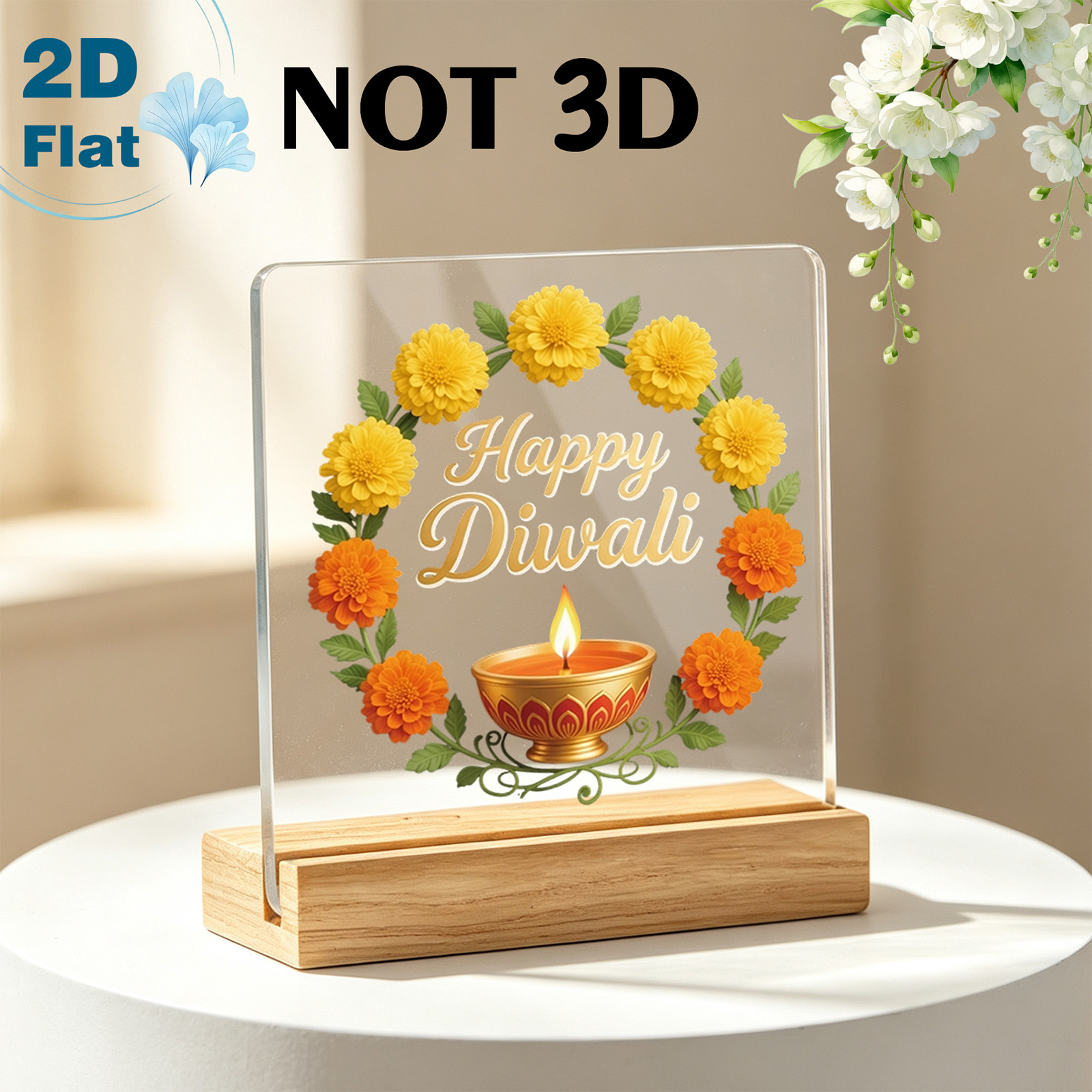 TEMU 2d Flat, Not 3d, 2d Flat, 1pc Diwali-themed Acrylic Desktop Decoration With Festive English Slogan - "happy Diwali" - Marigold Wreath And Oil