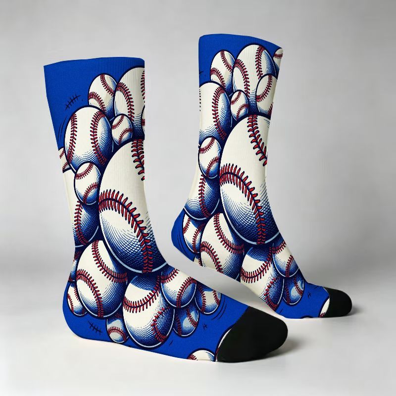 TEMU Chaussettes de sport montantes à imprimé baseball, chaussettes de sport bleu roi vif sur le thème du baseball avec motif de baseball blanc et
