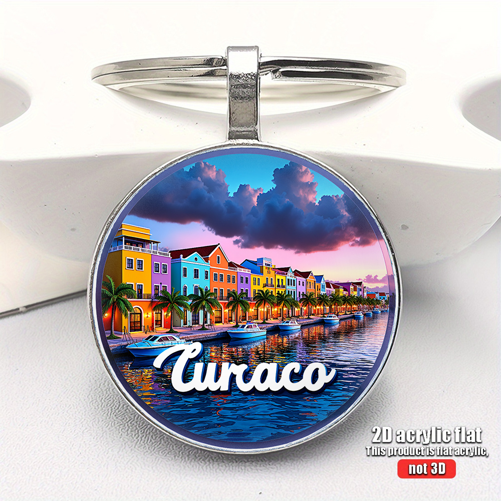 TEMU 2D Plat, Sleutelhanger van 1 Stuk in Caribische Stijl , Multicolor Kusttafereel met Schemering , Kleurrijke Gebouwen en Reflecties, Moderne en