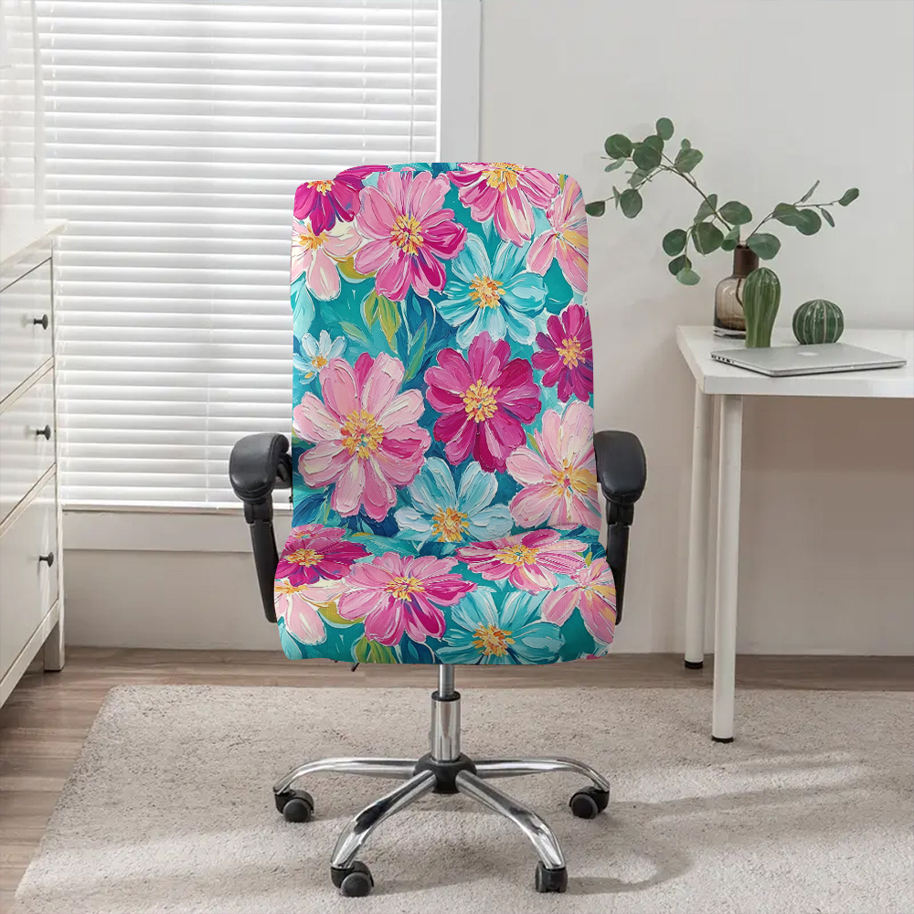 TEMU 1pc Pink Oil Painting Floral Office Chair Cover, Fabric With Elastic Detachable And Machine Washable Chair Cover. Suitable For Office, Bedroom