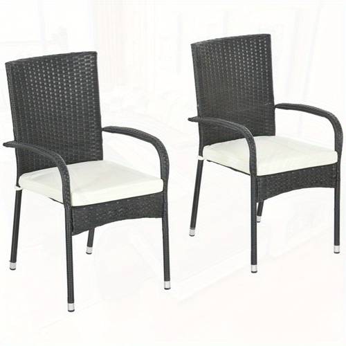 stackable pe rattan outdoor dining chairs with cushions set of 2 patio wicker dining chairs with armrests and backrest for patio deck cream white
