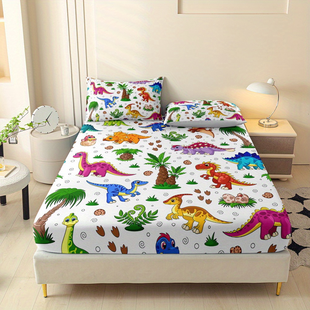 TEMU 3pcs Cartoon Dinosaur Printed Fitted Sheet Set, Queen Mattress Cover, Twin Mattress Protector, King Bedding Set, Polyester Machine Washable,