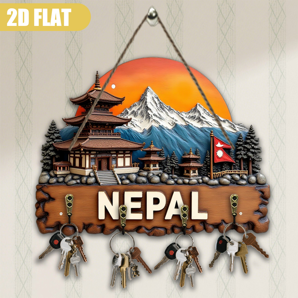 E-shop Großer Wandmontierter Schlüsselhalter im Nepalesischen Stil - Schlüsselregal aus Holzregenerat mit Himalaya-Tempel- & Nepal-Flagge - Rustikale