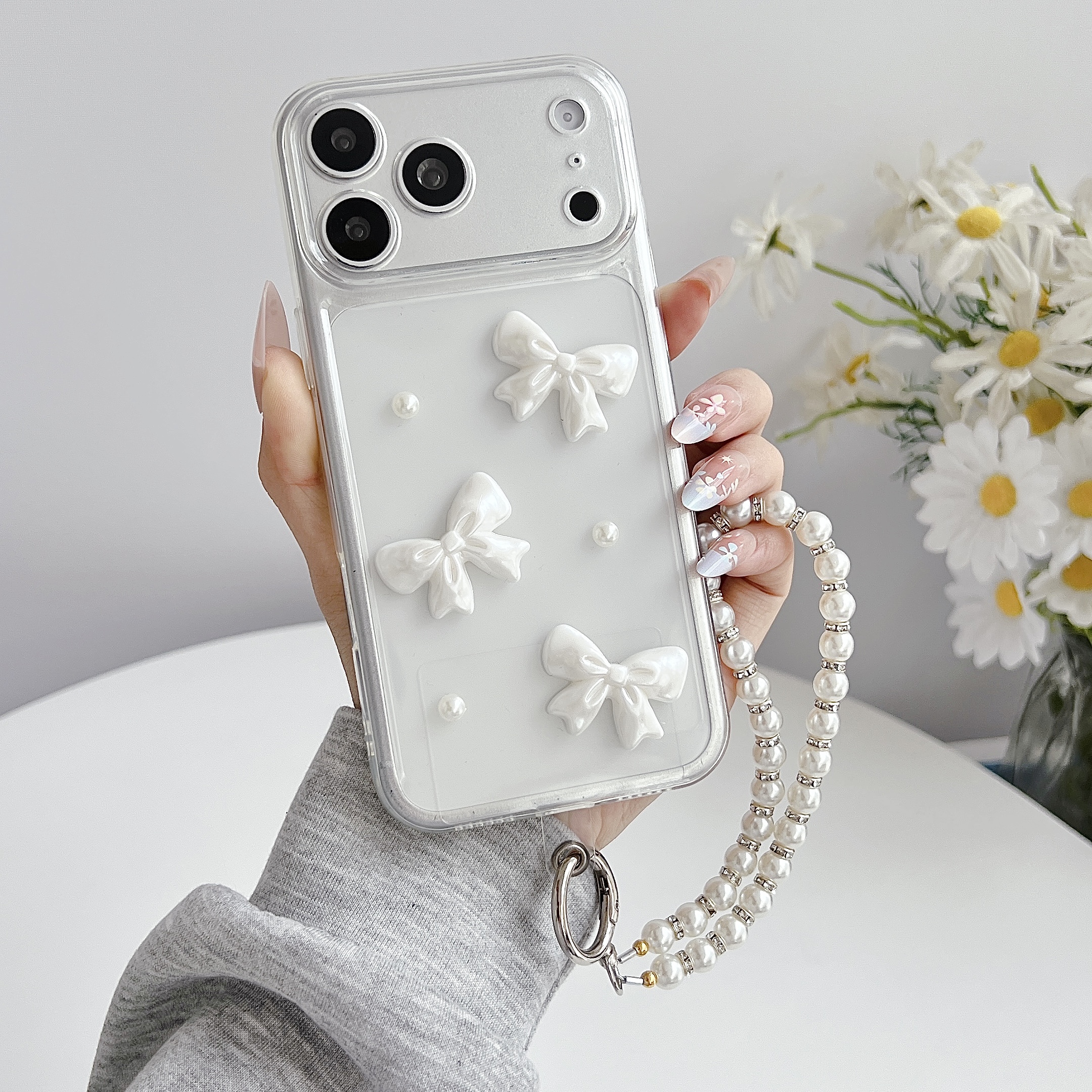 Phone Case: A Transparent Case With A Bow And Pearl Bracelet Wrist Strap, Suitable For Iphone 17/16/15/14/13/12/11 Pro/pro Max