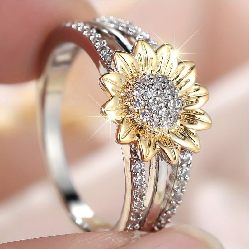 TEMU Exquisite And Adorable Dual-color Sunflower Ring With Dense Synthetic Synthetic Zirconia, Versatile Jewelry For Women' Wear, Parties, Banquets,