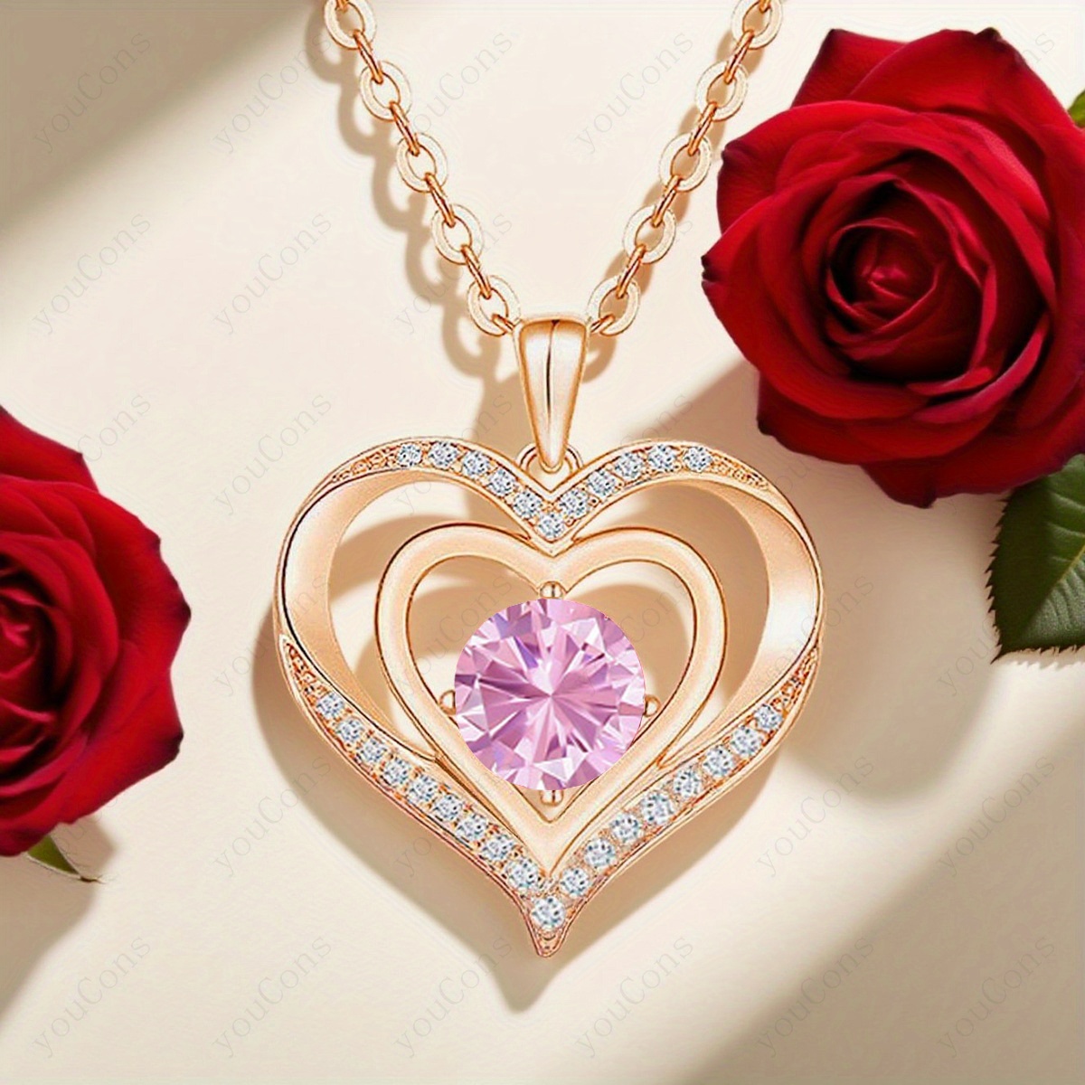 Women's Pink Birthstone Heart Pendant Necklace Gift Set