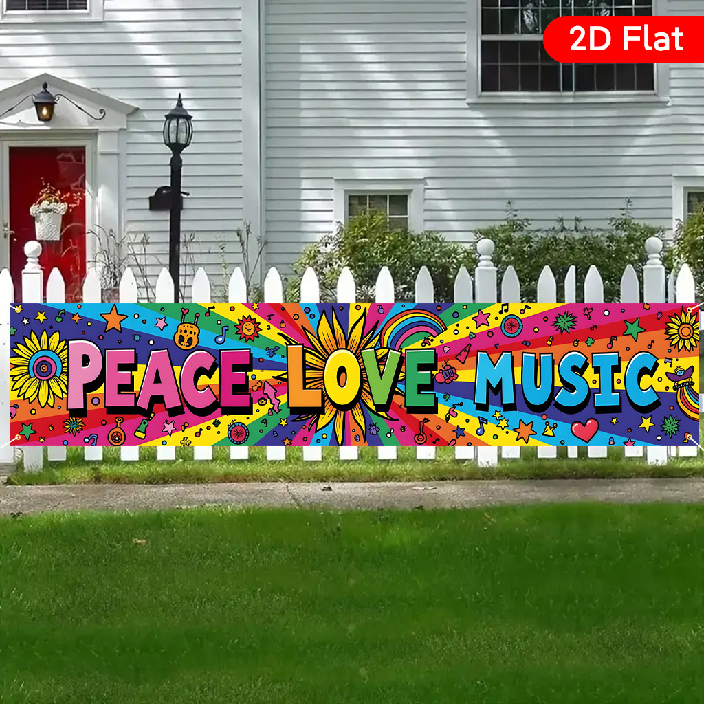 E-shop 2D Flach, 1 Stück Großes Peace Party-Banner - 17,7x78 Zoll Retro 60er/70er-Jahre Psychedelic Design mit Friedenszeichens, Musiknoten