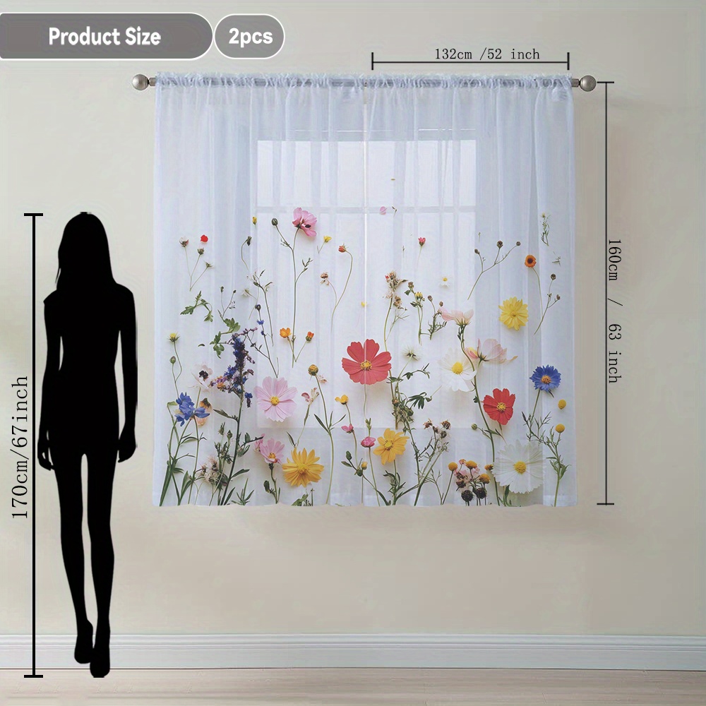 TEMU 2pcs Realistic Floral Print Sheer Curtains - Contemporary Style, Polyester, Rod Pocket, Machine Washable, Lightweight & Breathable For Living