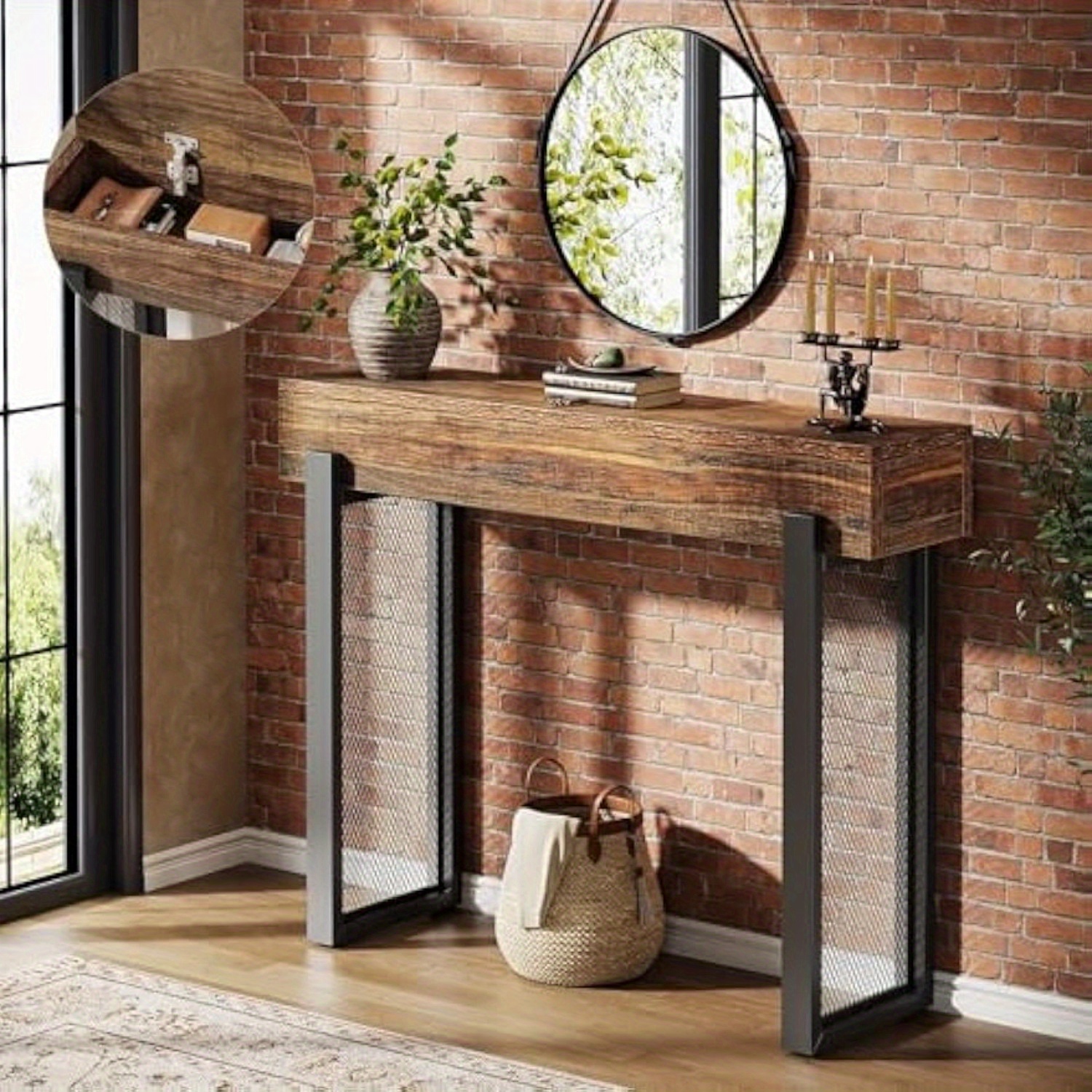 TEMU Consola Industrial de 41" con Almacenamiento - Mesa Estrecha para Entrada, Color Marrón y , Tablero de Madera /Madera Ingenierizada y Patas de