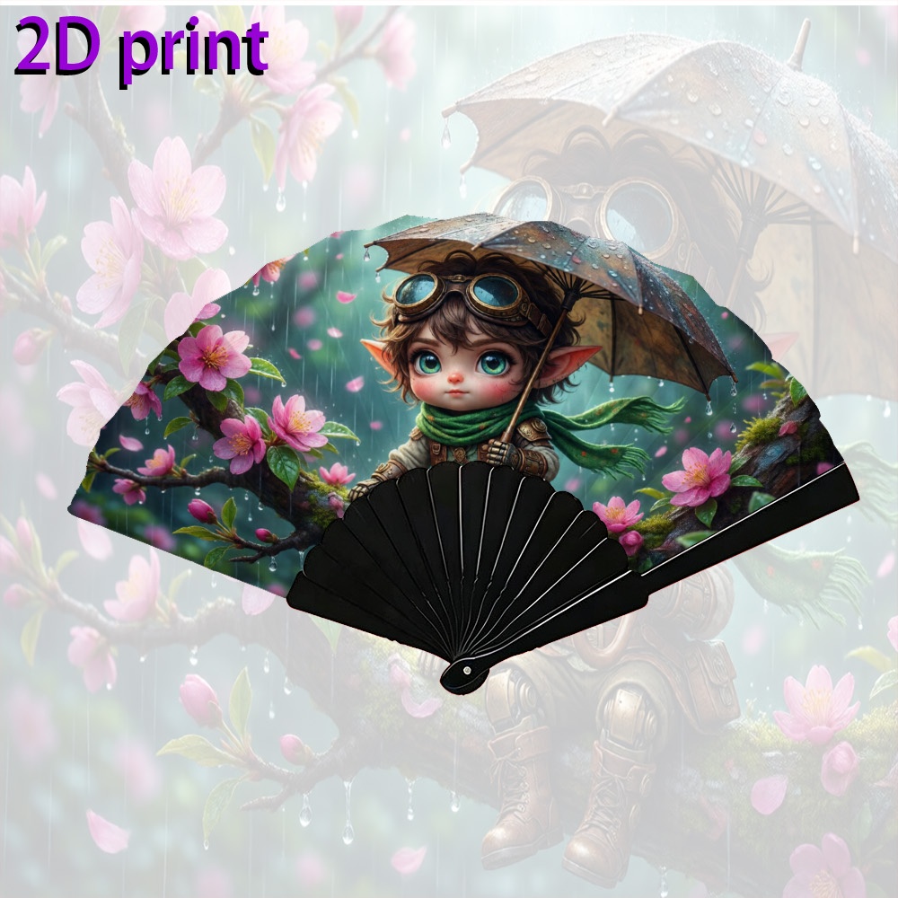 photo de l'article éventail pliant 2d - éventail à main 2d1 rétro avec style mécanique et design    , présentant une   de fleurs et darbres sous  .   un ventilateur de refroidissement portatif, idéal pour les chauds jours dété.