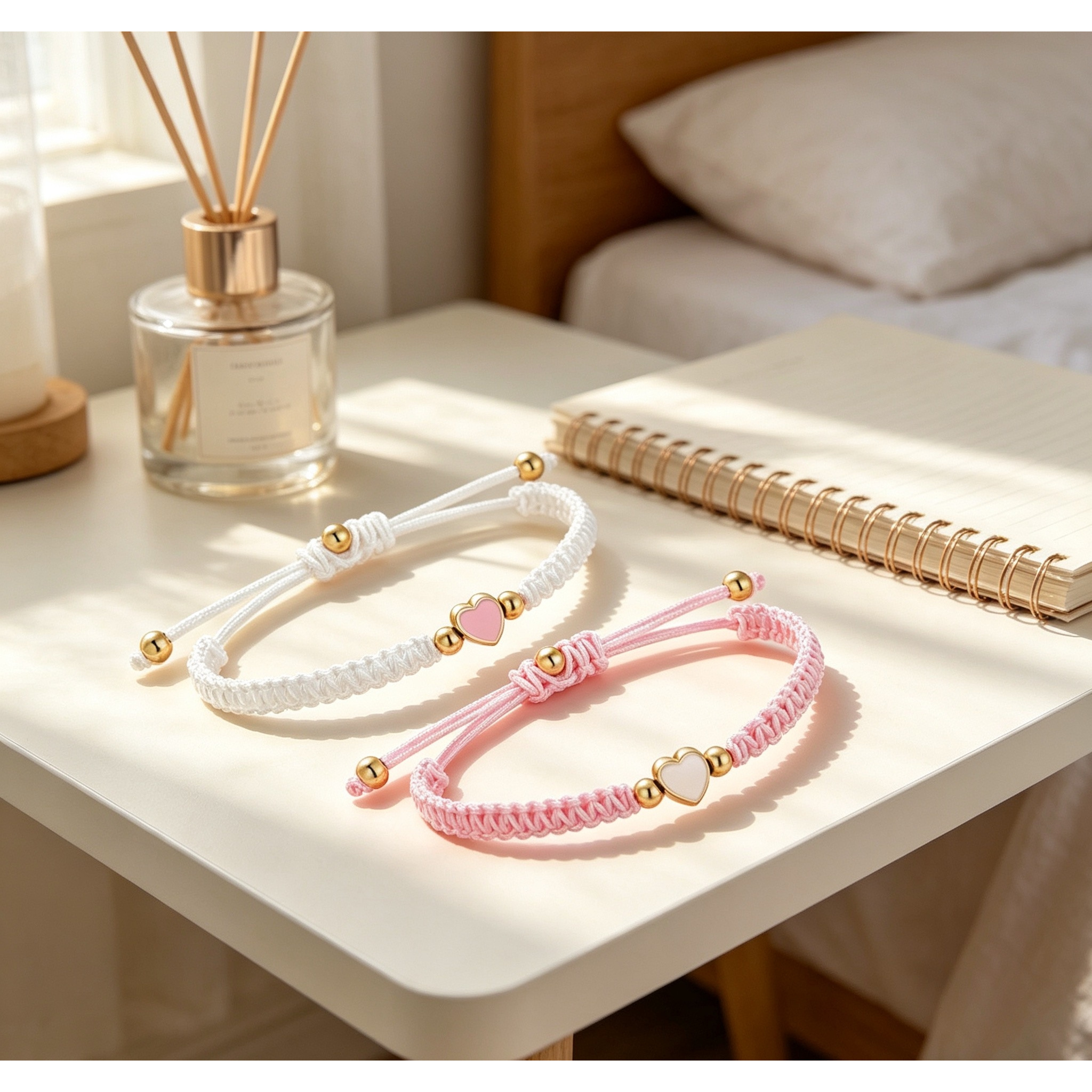 TEMU 2pcs Set Japanese Korean Easy Couple Knitted Heart Bracelet Pink White Contrast Love Heart Bracelet