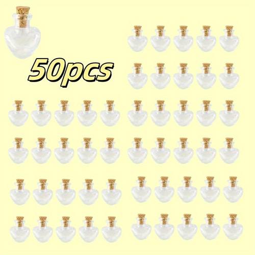 50pcs mini glass bottle cute jars vials with cork bottle for party favors decoration 1ml empty sample jars message pendant bottle love heart shape