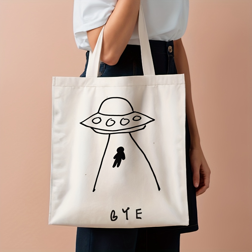 TEMU 1pc 2d Flat Printing, Ufo Abduction Canvas Tote Bag - Reusable Grocery Bags With Unique Design, High-quality And Durable For Daily Shopping,