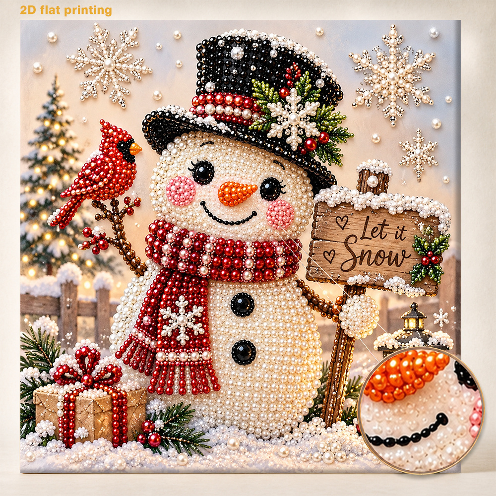 TEMU New 2d Flat Printing Pearl Art Painting Kit - Christmas Snowman And " Snow" Pattern, 11.8x11.8 Inches, Includes Round Pearls, Shiny Gems, Clear