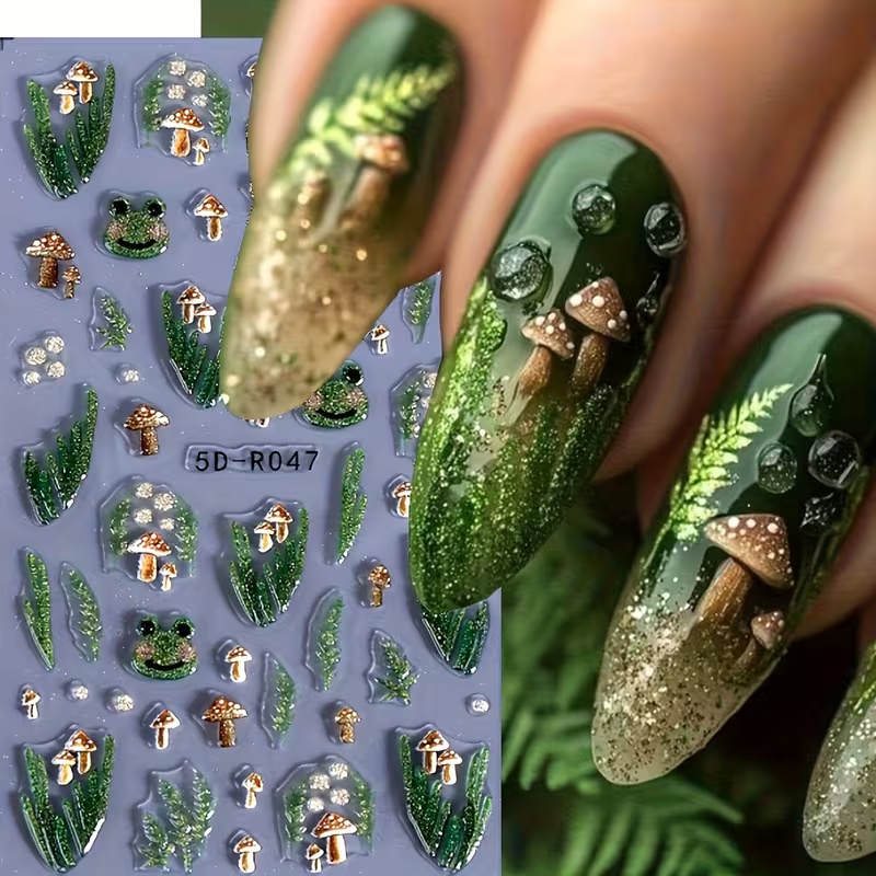 Forest Plant Theme Mushroom, Frog, Nail Stickers | Glossy, Cartoon Pattern, Reusable, Embroidered, Paper Material, Self-adhesive