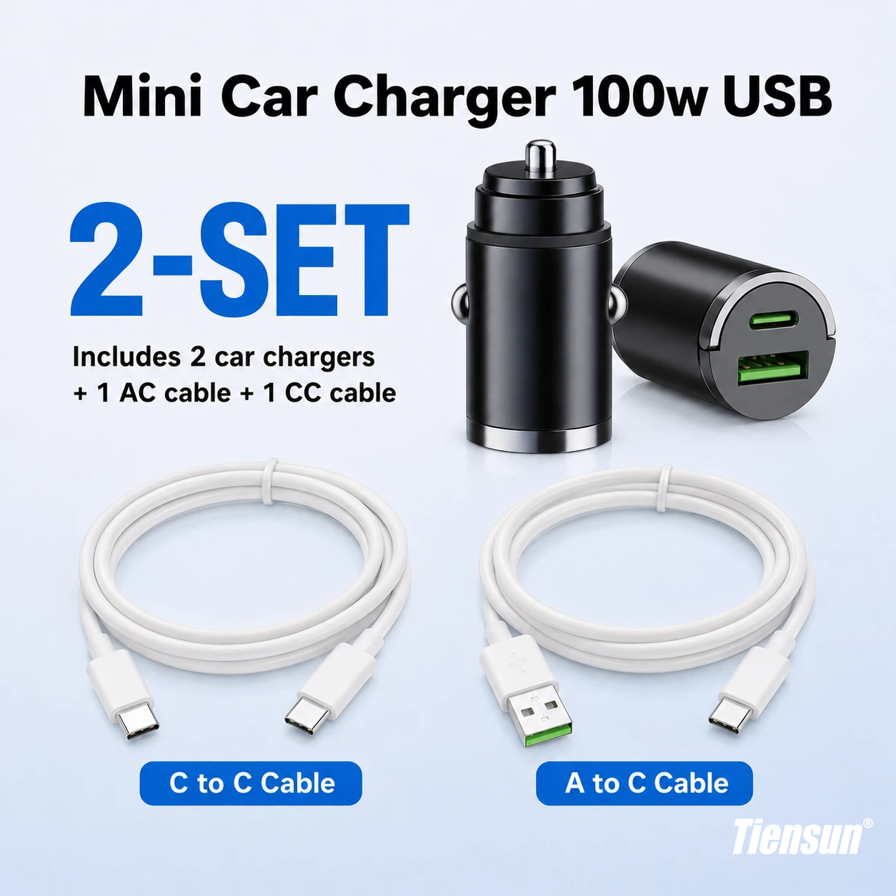 [2-pcs] Car Charger, 100w , With Cables, Usb C+a Charging With Functional Pull Ring Design, Hidden Car Adapter, Power Adapter For Car Socket 95685uieu55696