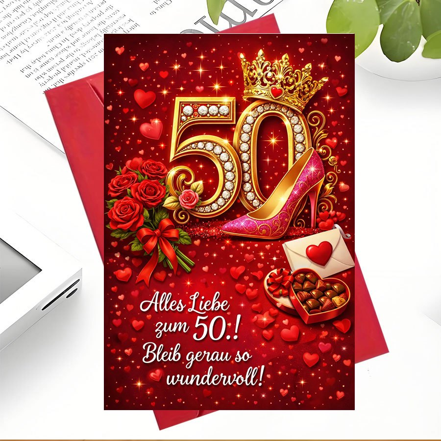 E-shop 1 Stück Grußkarte + 1 Stück Umschlag – 50. Geburtstag Grußkarte mit Rosen, Schokolade Krone – Perfektes Geschenk für Ehefrau, Freunde oder