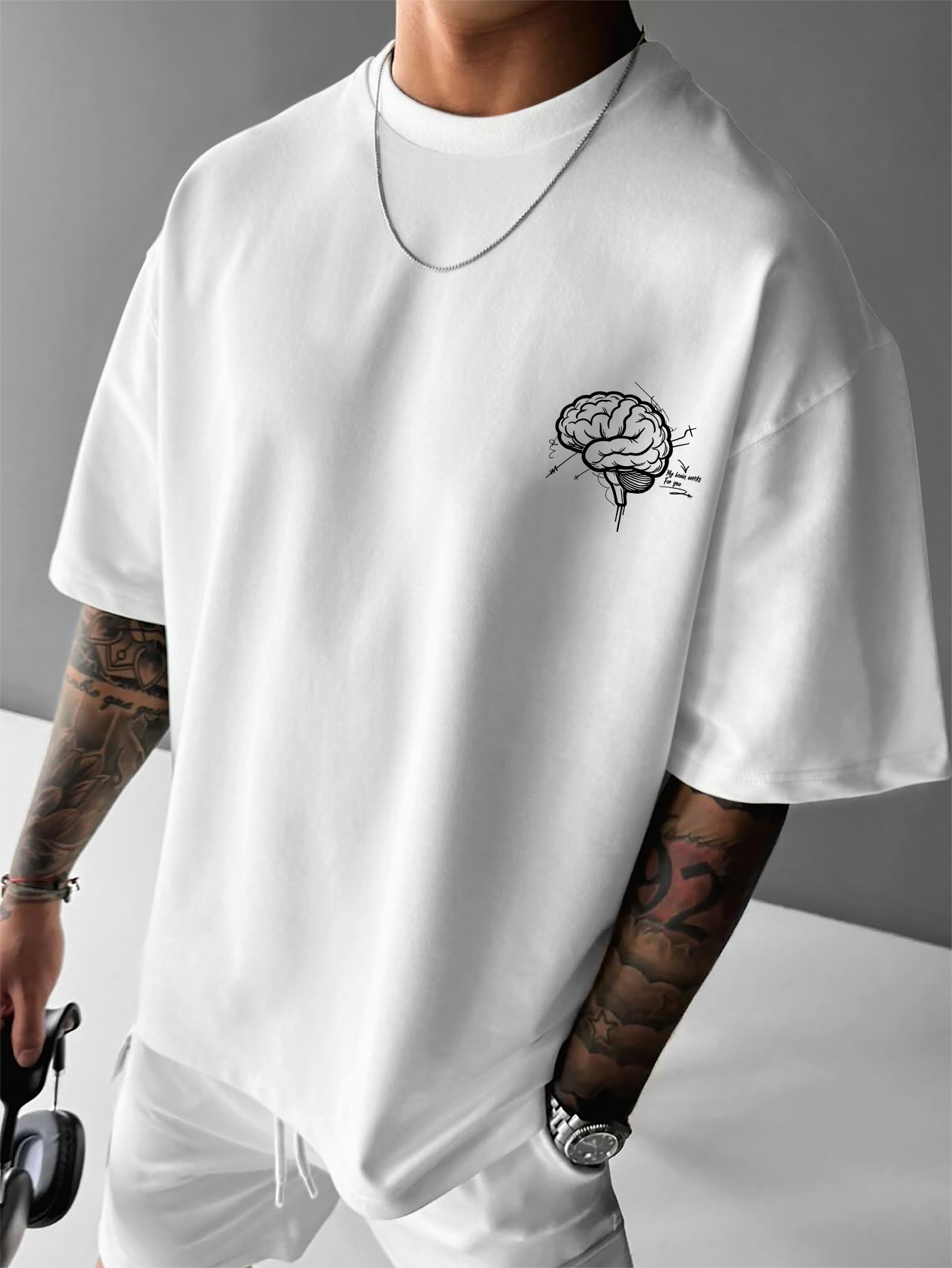 American Style Men'S Casual Round Neck T-Shirt with Thought-Provoking Slogan And Brain Print for Casual Gatherings And Trendy Outfits