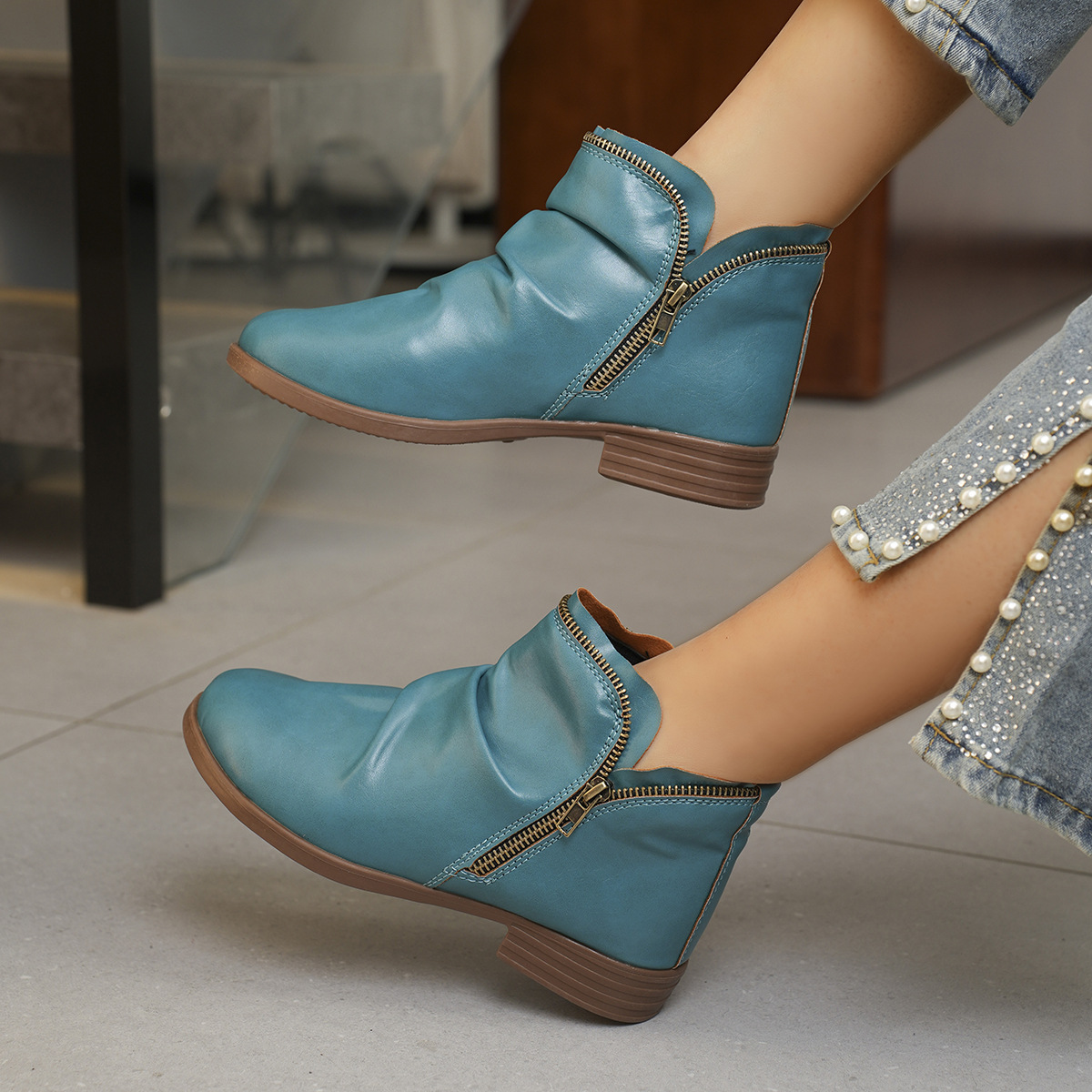 Image of Women' Side Zipper Ruched Low Heel Ankle Boots, Casual Daily Walking Soft Short Booties, Ideal Birthday Holiday Gift For Her, Women Shoes
