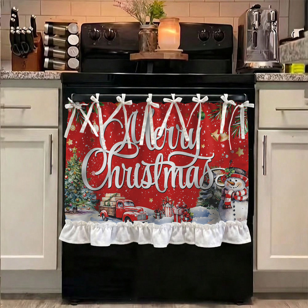 2d, Merry Snowman Pine Festive Wall Decor Multifunctional Oven Protective Curtain, Polyester With Hem And Tie Strings, Home Kitchen Appliance Cover For Kitchen Apron