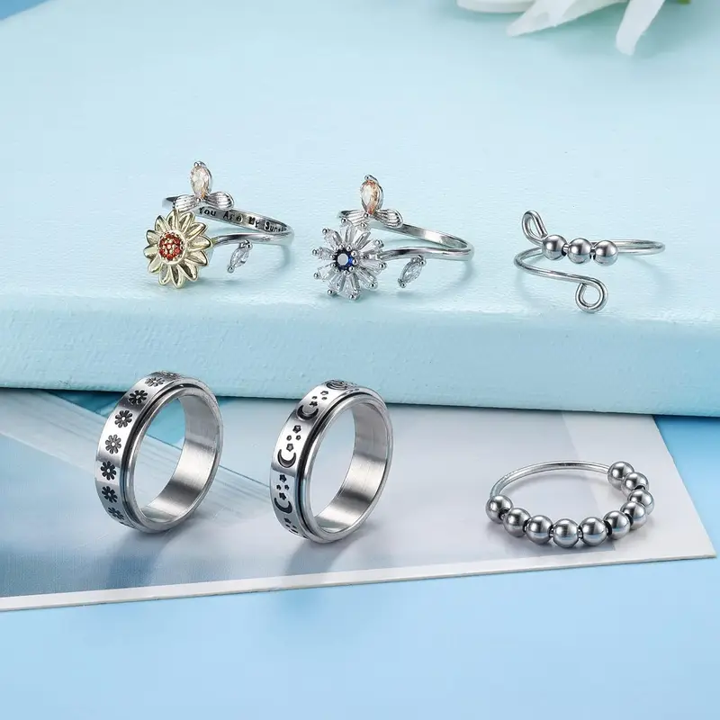 6pcs fidget rings for spinner ring for women mens moon star anti ring for adjustable flower bead stackable rings Product details 1