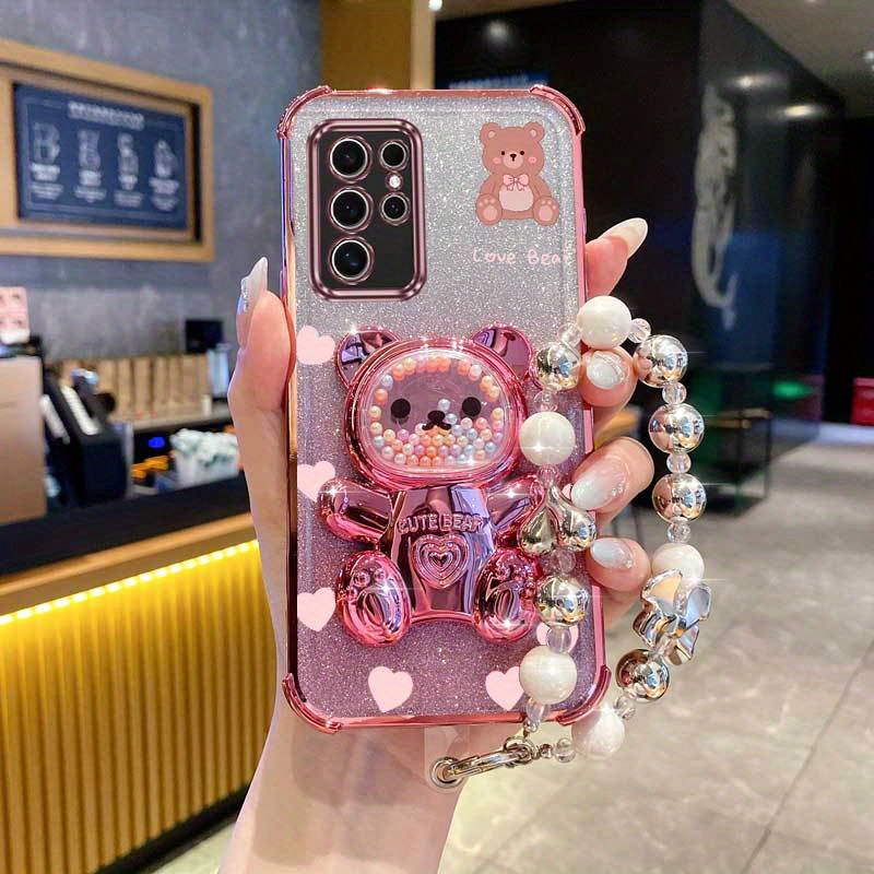 TEMU Phone Case - Pearl Wrist Strap Lanyard Magnetic Glitter Heart Bear Phone Holder Case For Compatible With Galaxy S25 Ultra Galaxys25ultra