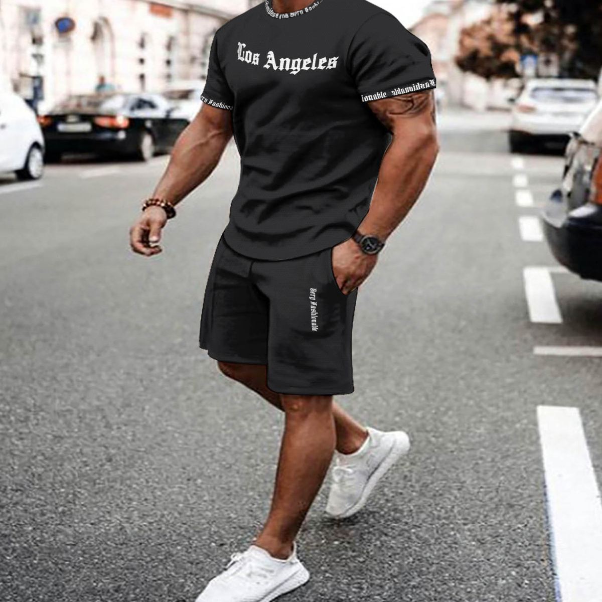 

Men's Casual Sweatsuit Set, Los Angeles Neck T-shirt & Shorts, Polyester & Spandex , Slight Stretch, Knit Fabric, Regular Fit, For Summer Sports & Outfit