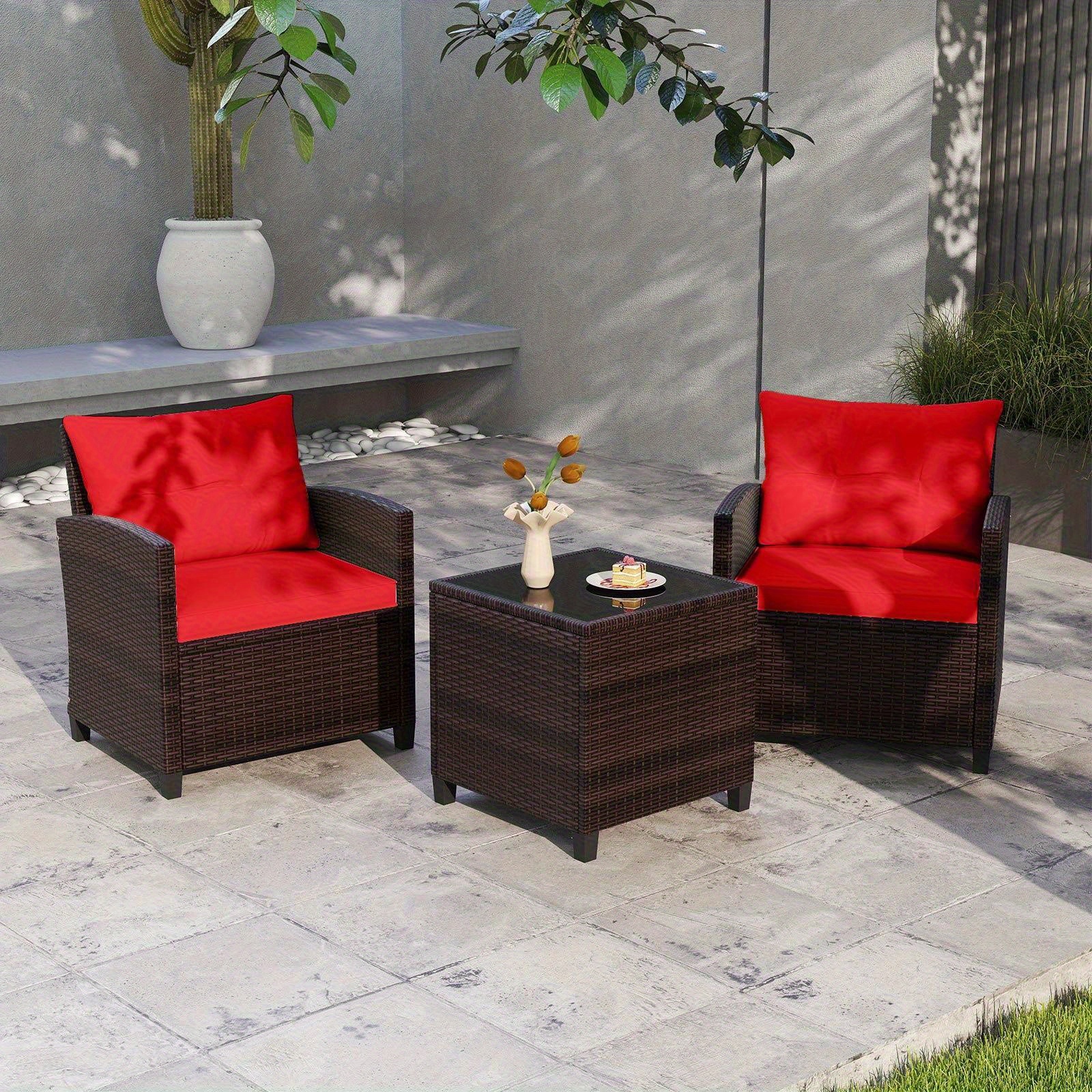 TEMU Costway 3pcs Outdoor Patio Furniture Set, Rattan Sofa Chair Set With 2 Armchairs, 1 Coffee Table With Tempered Glass Top, 4 Removable Cushions-